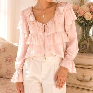 Francesca's NWT Light Pink Satin Ruffle Blouse Women's L Romantic Cottagecore